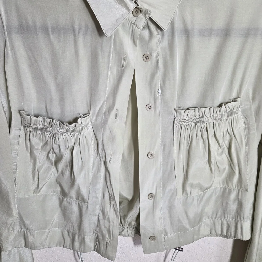 Cropped Sage Green Utility Blouse Drawstring Cinch Hem Shacket Size Medium - Picture 6 of 11